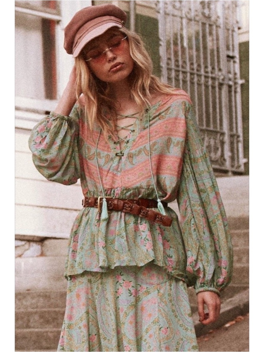 Spell & The Gypsy Collective City Lights Blouse in Sage/Blush Size XS